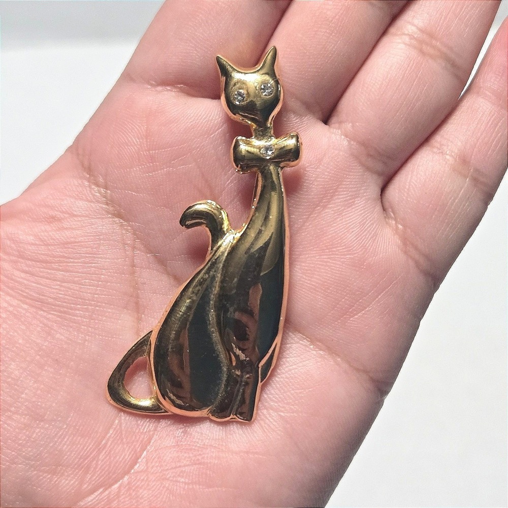 Vintage Gold Tone Siamese Cat Brooch Pin Feline Clear Rhinestone Eyes Bowtie 2"
